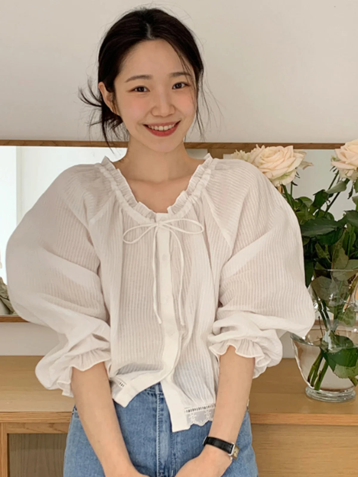 Bxoxo Chic Lace irt Women's ort Korean Sle oulder Insert Sves White Slimming Top V-Ne Long Sve Commute Faion