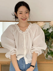 Bxoxo Chic Lace irt Women's ort Korean Sle oulder Insert Sves White Slimming Top V-Ne Long Sve Commute Faion