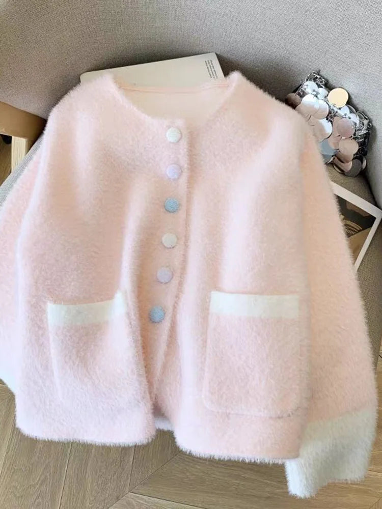 Bxoxo Faux Mink Cashmere Sweet Cardigan Women Long Sleeve O Neck Elegant Knitted Sweaters Korean Fall Winter Fashion Soft Pockets Tops