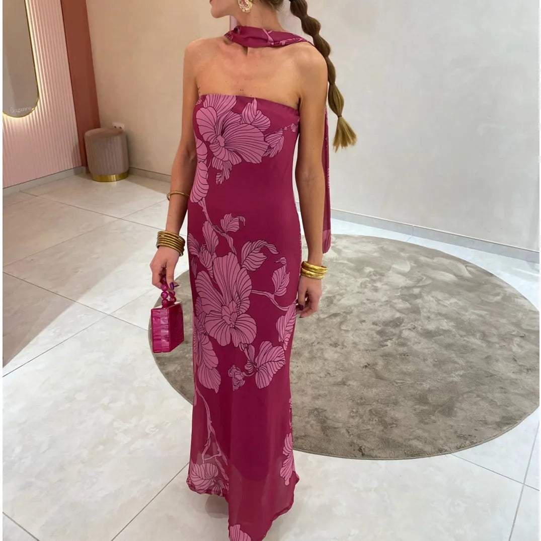 BXOXO Women Long Dress Floral Print Tube Dress Summer Backless Casual Strapless Dress with Choker Scarf Holiday Sundress