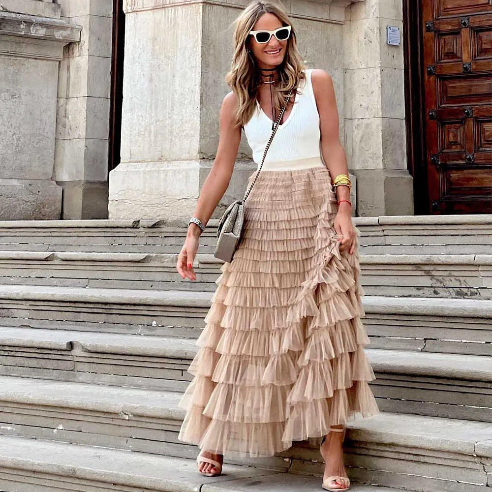 Bxoxo Casual Womens Solid Ball Gown Long Skirt Tulle High Waist Pleated Tutu Skirt Elegant Ladies Wild Mesh Dating Maxi Skirts Drop