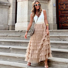 Bxoxo Casual Womens Solid Ball Gown Long Skirt Tulle High Waist Pleated Tutu Skirt Elegant Ladies Wild Mesh Dating Maxi Skirts Drop