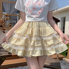 Bxoxo Japanese Sweet Lolita Cake Skirts Women Summer Lace Patchwork A Line Skirt Y2K Kawaii Ruffled Mini Skirts with Shorts Female