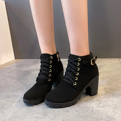 BXOXO Boots Women Shoes Women Fashion High Heel Lace Up Ankle Boots Ladies Buckle Platform Artificial Leather Shoes bota feminina