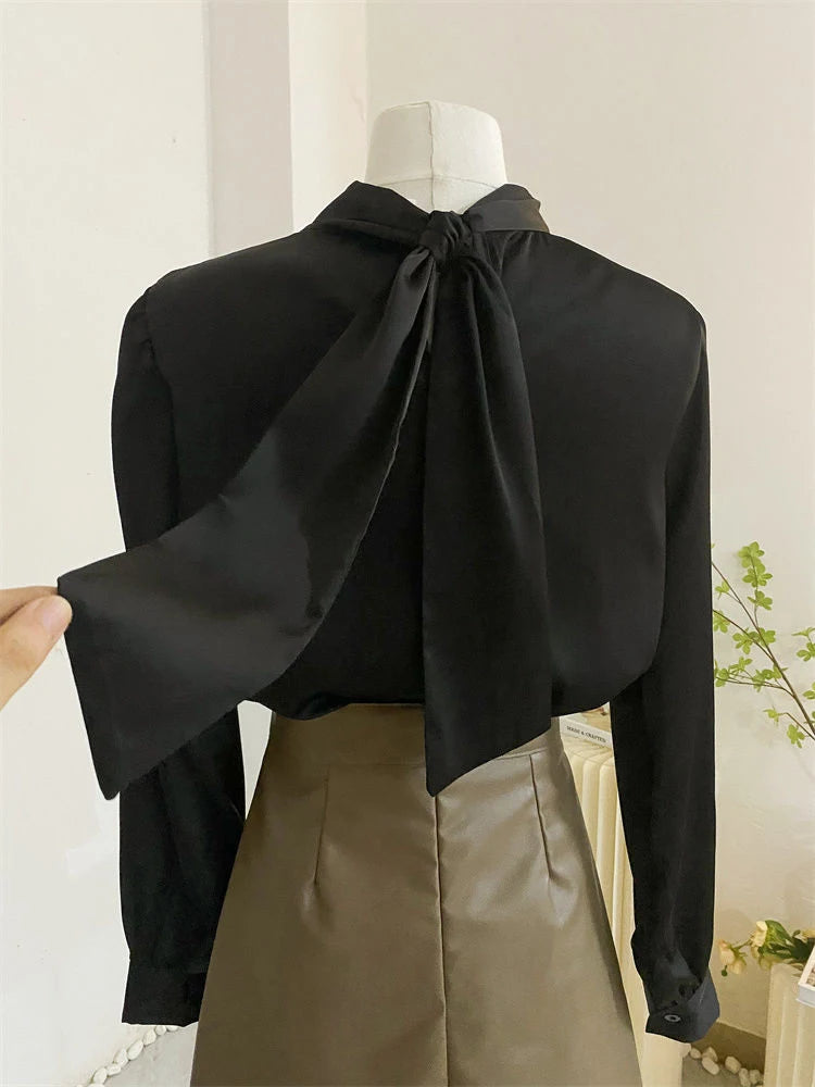 Bxoxo Spring Scarf Collar Women Blouse Fashion Long Sleeve Solid Elegant Office Lady Casual Tops Korean Chic Lace Up All Match Shirt