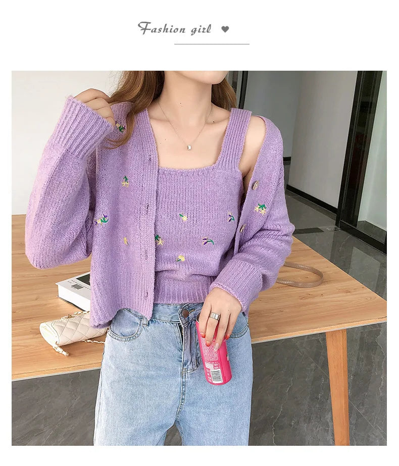 Bxoxo Two-piece Top Suit Flower Embroidered Knitted Korean Style Cardigan Autumn Fashion Sling Sweater Slim Sweet Jacket Sets