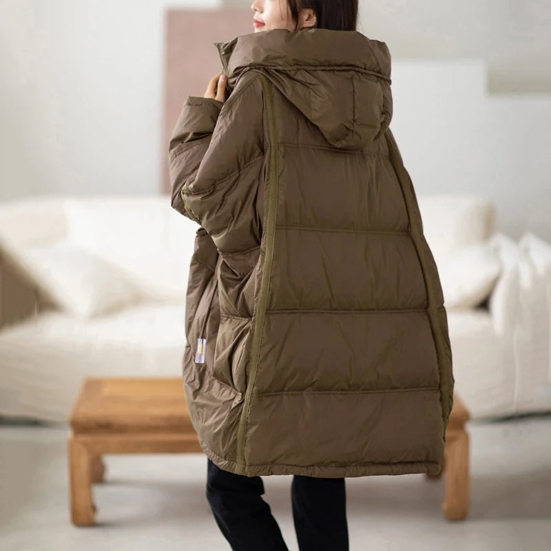 Bxoxo New Winter Women 90% White Duck Down Jacket Casual Loose Over Size Warm Parka Female Drawstring Hooded Puffer Coat
