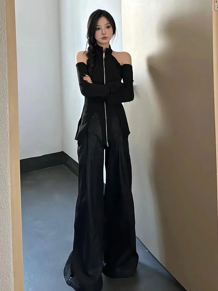 BXOXO 2025 New Stand Collar Zipper Tops Women Off Shoulder Long Sleeve T-shirts Y2k E-Girl Slim Fit Halter Knitted Tee Shirt Sweater