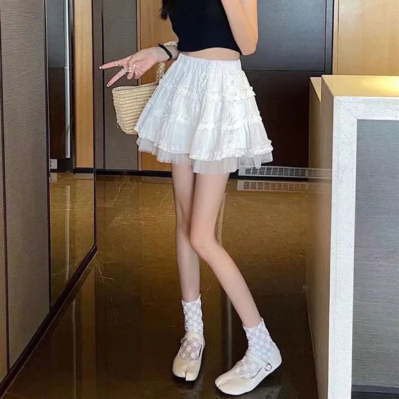 BXOXO Kawaii Lace Short Skirt for Women White Fairycore Lolita Mini Skirt Woman High Waist Cute Ruffle Pleated A-Line Skirts