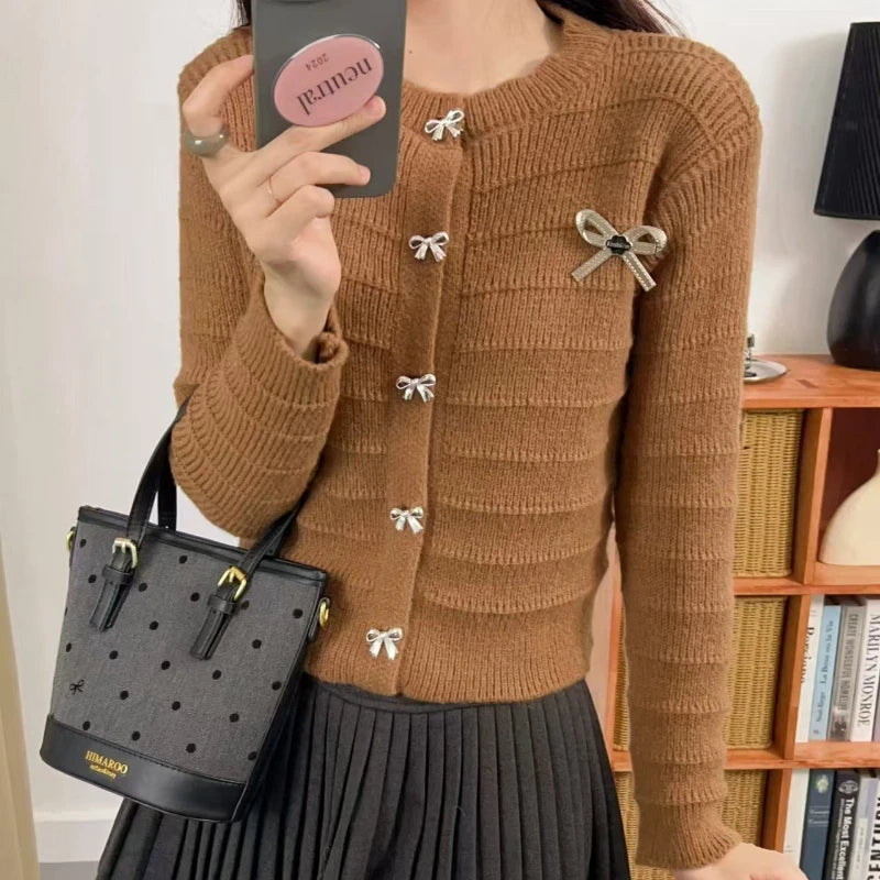 Bxoxo Ribbon Button Up Knit Cardigan Sweater for Women Long Sleeve Button Front Sweater Jacket Teen-girl Y2K Cute Outfit