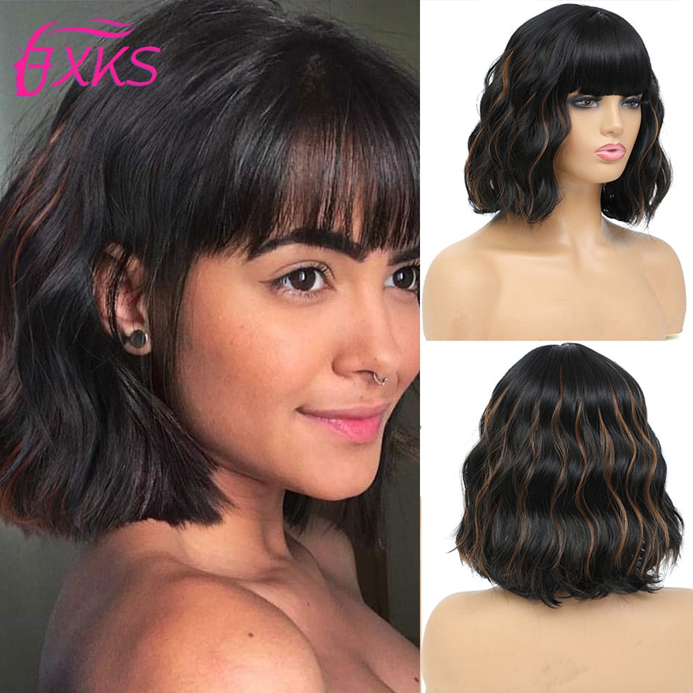 BXOXO Blonde Gold Short Wavy Synthetic Wigs With Bangs Brown Grey Silver Black Color Body Wave Hair Wigs 14Inch 200G For Women FXKS