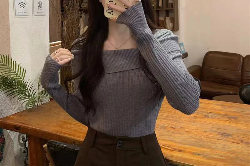 Bxoxo Women Off Shoulder Knit Sweater Slash Neck Long Sleeve Slim Knitwear Jumpers Office Sweater For Women 2024 Autumn Winter
