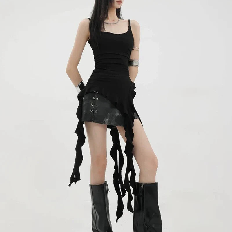 BXOXO Sexy Tank Top Asymmetrical Black Y2k Women Ruffle Grunge Backless Coquette Fashion Streetwear Tops Solid Aesthetics