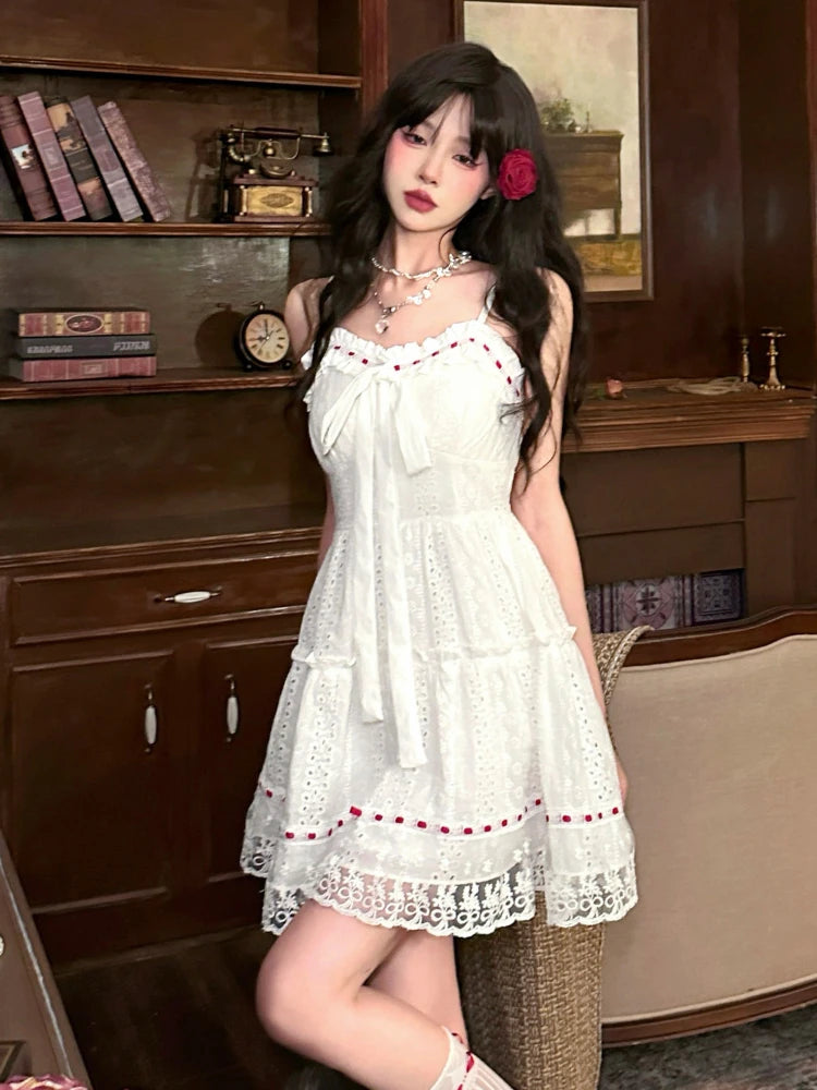 Bxoxo Sweet Lace Patchwork Camis Dress Women Sexy Spaghetti Straps Bow Dress Female Casual Cute Princess Wedding Party Dress New