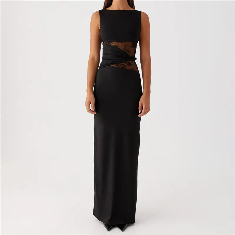 BXOXO Women Bodycon Maxi Dress Sexy Lace Patchwork Sleeveless Backless Long Pencil Dress Y2K Slim Fit Cocktail Party Dresses