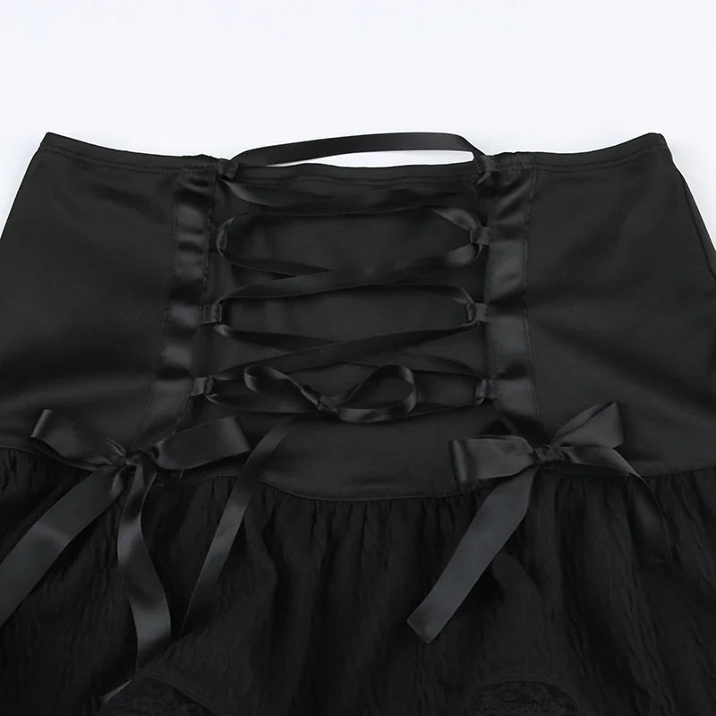 Bxoxo Goth y2k Skirt Women Elegant Low Waist Bowknot Lace Trim Pleated A-line Skirt Halloween Fairycore Skirts Streetwear