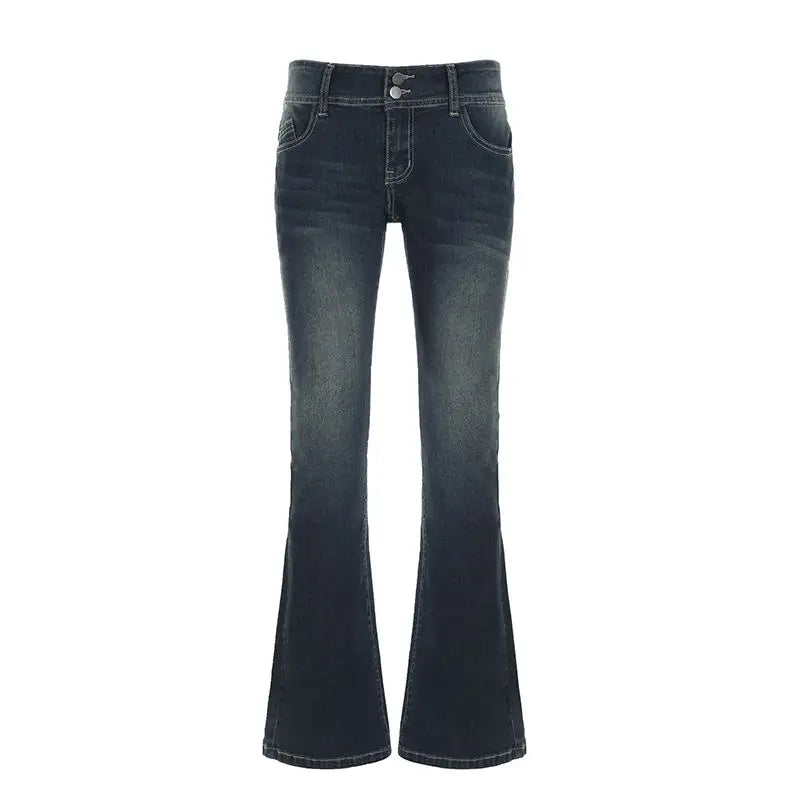 Bxoxo Vintage Washed Basic Flared Jeans Women Low Waist American Style Slim Denim Pants Button-up Trousers Casual Aesthetic