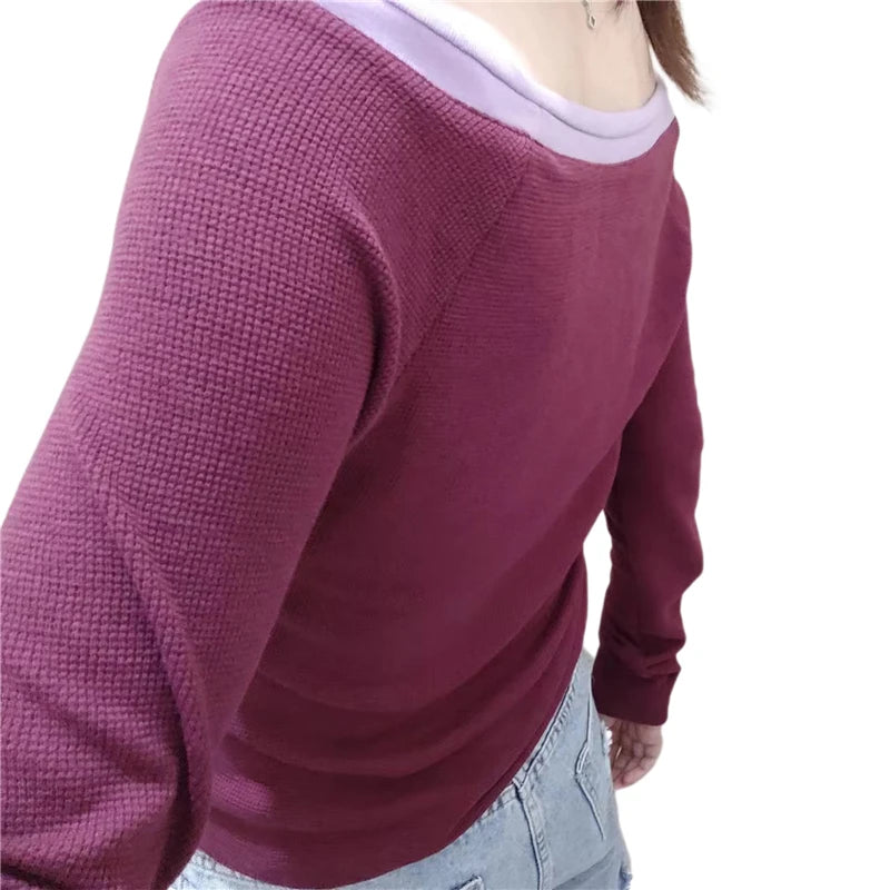 Bxoxo Fairy Grunge Top y2k Vintage Aesthetic Patchwork Off Shoulder Long Sleeve T Shirt 2000s Women Clothes Casual Streetwear