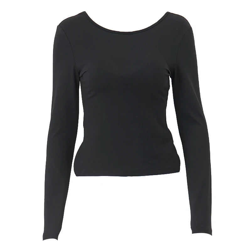 Bxoxo Sexy Long Sleeve Backless T Shirt Gothic Round-neck Skinny Women Crop Tops 2022 Autumn Fashion Black Tees Party Clubwear