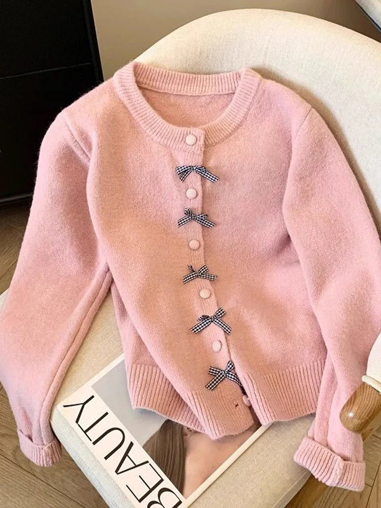 Bxoxo Cute Bow Women Cardigan Long Sleeve Lazy Wind Sweet Knitted Sweater Casual Loose Preppy Style Vintage Lady O Neck Fall Tops