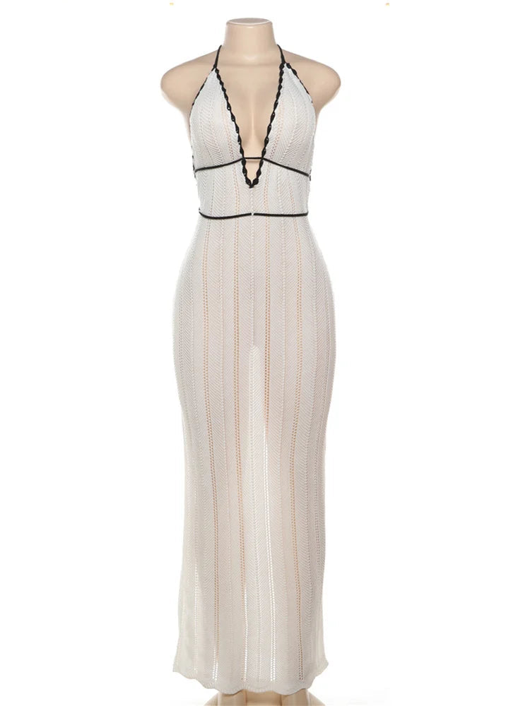 BXOXO  Sexy Elegant Halter Dress Women Summer Backless Lace-Up Color-Block Sleeveless Trendy Nightclub Wild Fashion Clothing