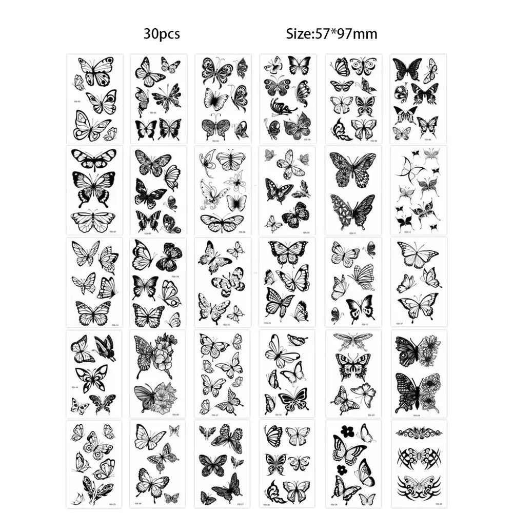 BXOXO 30 Sheets Black Butterfly Temporary Tattoos for  Women Waterproof Tattoo Stickers Suitable for Arm Body Realistic Fake Tattoo