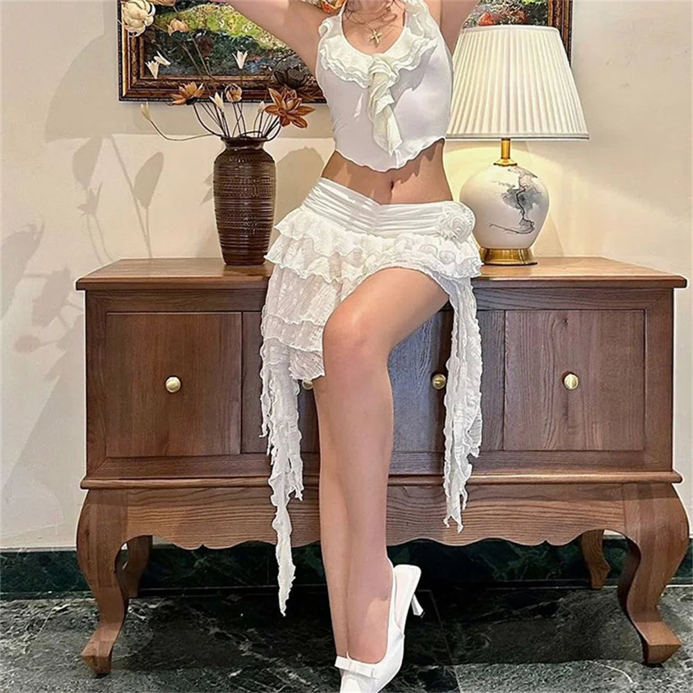 BXOXO 2 Piece Set Women Summer Lace-Up Low-Neck Multi-Layered Lace Collarmini Tops+Tassel Skirt Multilayer Irregular Hem Suit