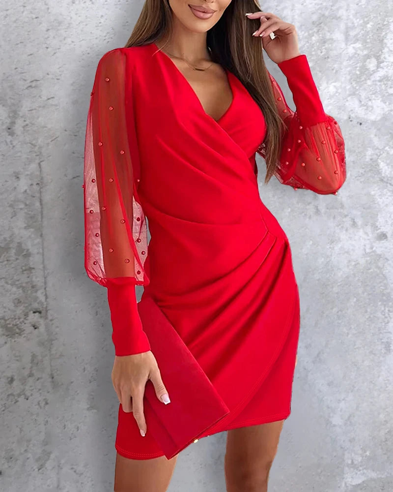 BXOXO Beaded Mesh Long Sleeve Dress V-Neck Ruched Mini Cocktail Party Dress
