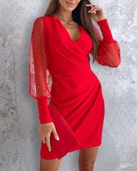 BXOXO Beaded Mesh Long Sleeve Dress V-Neck Ruched Mini Cocktail Party Dress
