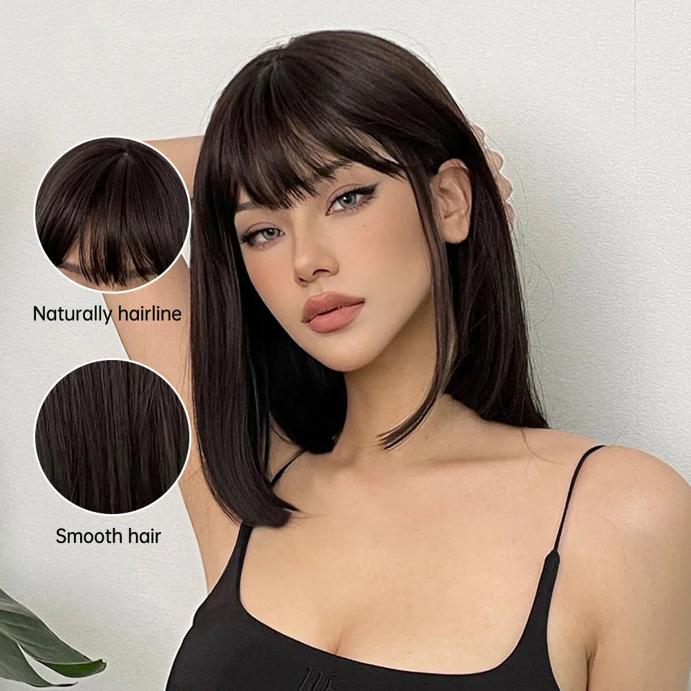 BXOXO Short Black Brown Synthetic Natural Hair Wigs for Women Bob Straight Wig with Bangs High Temperature Daily Cosplay Party Wigs