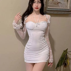 BXOXO Womens Lace Patchwork Sheer Sleevest Temperament Evening Dress Summer Woman Birthday Club Party Sexy Bodycon White Mini Dress