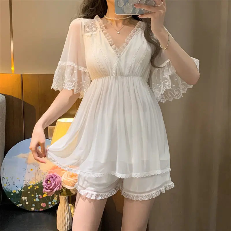 Bxoxo Female White Lace Long Nightgown Sleepwear Retro Palace Style Princess Nightdress Bath Robe Summer Loose Home Dress Nightwear