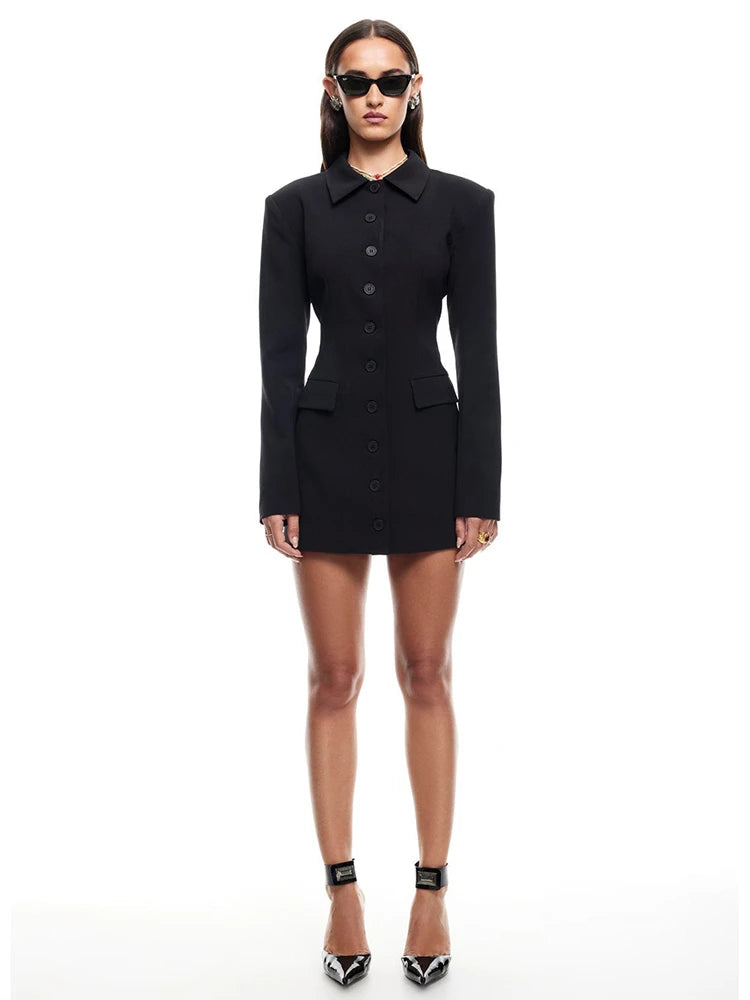 BXOXO Long Sleeve Lapel Sexy Mini Dress For Women Solid Single-breasted Two Pocket High Waist Office Lady Blazer Dress
