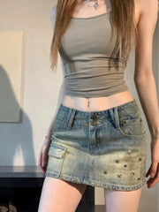Bxoxo Vintage Denim Mini Skirt Women Trashy Y2k 2000s Low Waist Sexy Star Rivet Distressed Slim Pencil Skirt Gyaru Streetwear