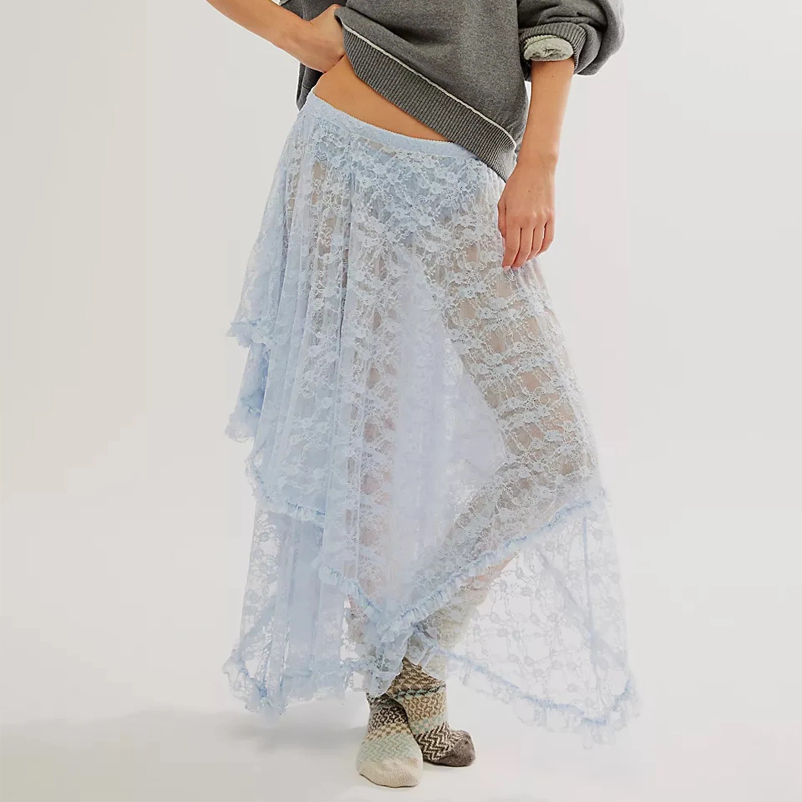 BXOXO Floral Lace Long Skirt for Women Y2K Elastic Waist Asymmetrical Layered Maxi Skirt Sexy See Through Flowy Beach Skirt