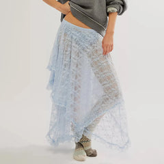BXOXO Floral Lace Long Skirt for Women Y2K Elastic Waist Asymmetrical Layered Maxi Skirt Sexy See Through Flowy Beach Skirt