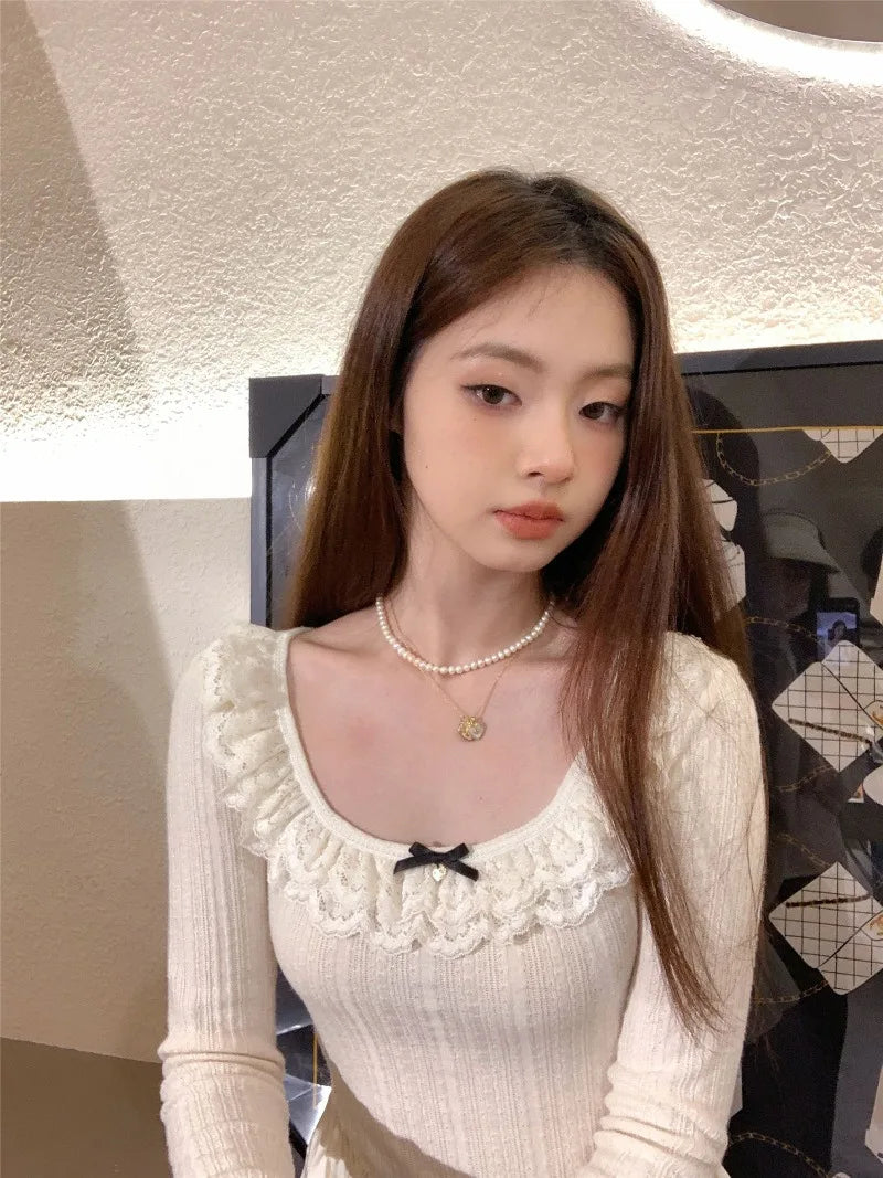 Bxoxo Korean Style White T-shirts Women Fairycore Cute Ruffles Long Sleeve Tees Y2k Sweet Slim Corset Tops Autumn 2025 Ropa
