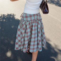 BXOXO Chic Ruffles Hem Coquette A-line Skirts Gingham Midi Skirt Vintage Tie-Up Low Waist Tiered Loose Skirt Y2k Streetwear