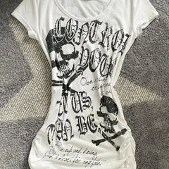 BXOXO Vintage Waist Cinching Slim Fit Punk Rock Short Sleeve Tees American Streetwear 2000S Y2K Black Skull Bone Print T-Shirts