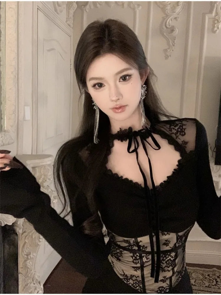 BXOXO Lace Patchwork Hollow Out Long Sleeved Knitted Tops Women Sexy Irregular Slim Fit T-shirts 2025 New Sleeve Black Tee Shirt