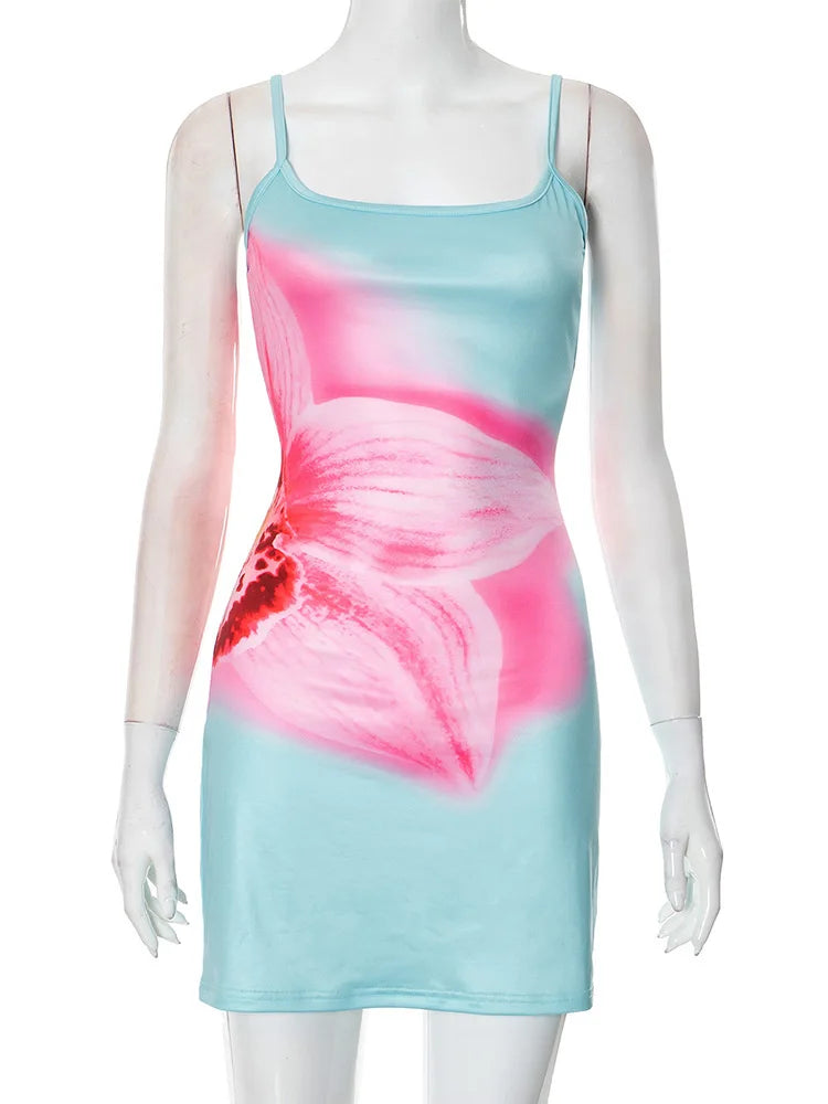 BXOXO Spaghetti Strap Floral Print Sexy Mini Dress For Women Robe Fashion Elegant Sleeveless Backless Summer Beach Dress