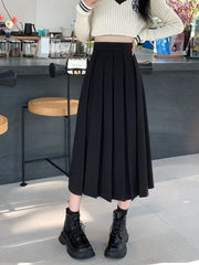 BXOXO Long Pleated Skirt Women Vintage Korean Fashion Solid High Waist A-line Midi Skirt School Girl Elegant Casual Autumn