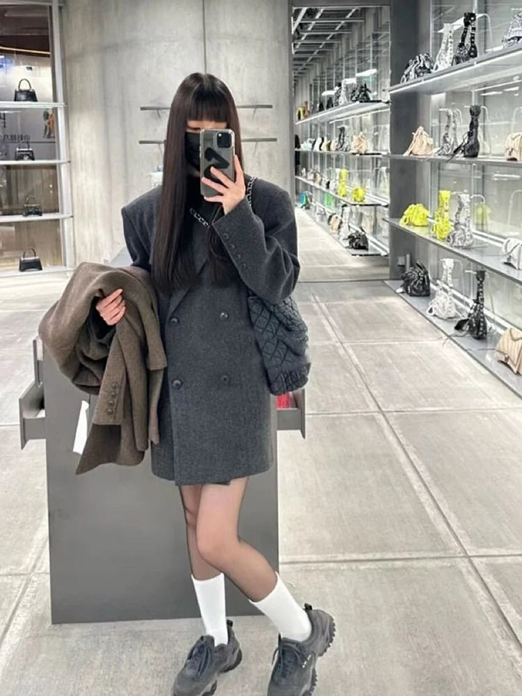 Bxoxo Fashion Gray Faux Fur Suit Coat Women Y2K Winter Thick Warm Double-Breasted Jackets Female Korean Streetwear All-Match Outwear