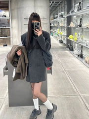 Bxoxo Fashion Gray Faux Fur Suit Coat Women Y2K Winter Thick Warm Double-Breasted Jackets Female Korean Streetwear All-Match Outwear
