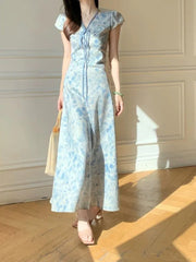 BXOXO Sweet Blue Print Long Dress Women Slim Vintage V Neck Elegant Dress Casual French Retro Lace Up Female Soft Vestidos New