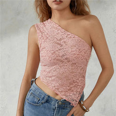 BXOXO Women Y2K Fairy Lace Cami Top Sexy One Shoulder Sleeveless Sheer Mesh Lace Cropped Tank Top Coquette Aesthetic Clothes