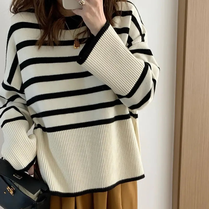 BXOXO Women Striped Loose Warm Sweater O-Neck Long Sleeve Thicken Knitted Pullovers Casual Sweater For Women Autumn Winter