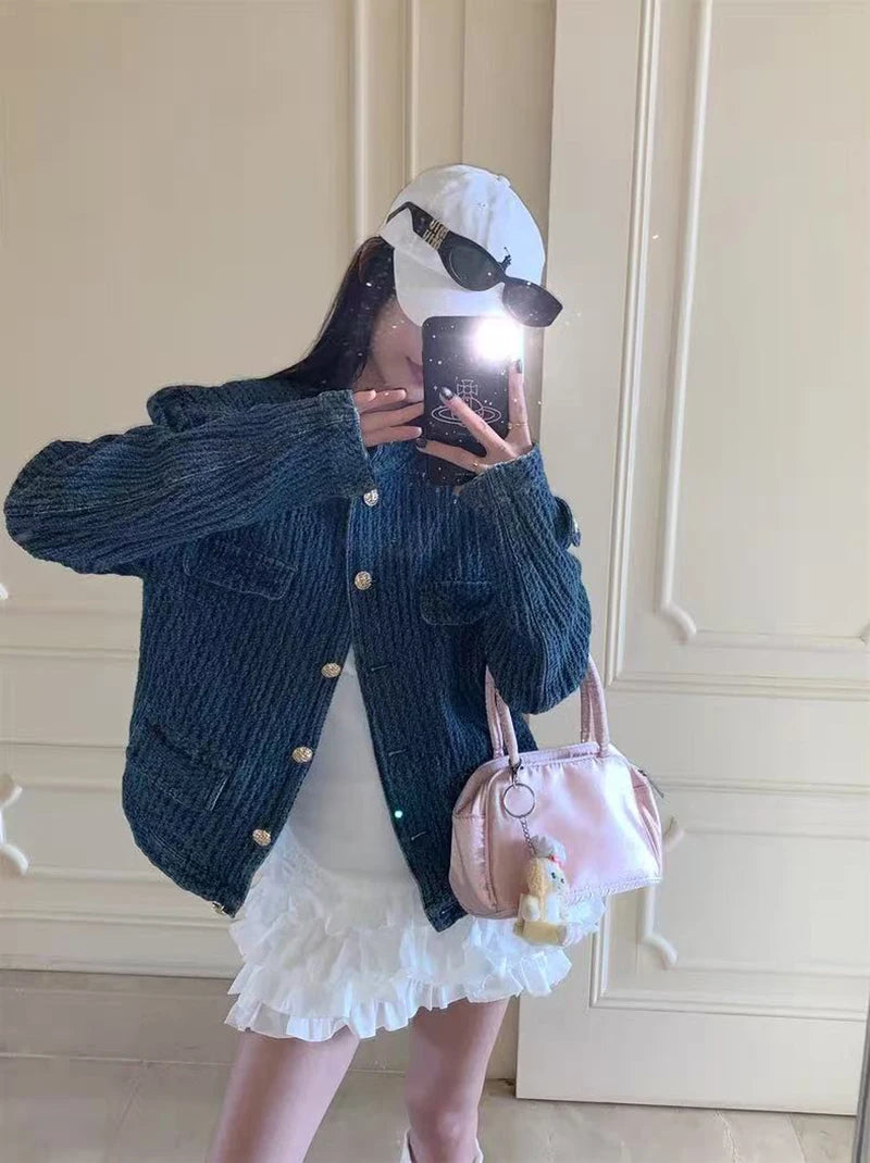 Bxoxo Vintage Stand Collar Denim Jacket Women Autumn Loose Streetwear Single Breasted Coats Y2K Korean Chic Long Sleeve Casual Outwear
