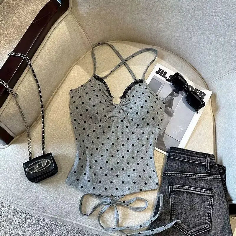 BXOXO Sling Slim T-shirt Woman Clothing Punk Polka Dot Sexy Y2K Goth Vintage Backless V-Neck Harajuku Korea Grunge Hot Girl 2000s Tees