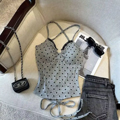 BXOXO Sling Slim T-shirt Woman Clothing Punk Polka Dot Sexy Y2K Goth Vintage Backless V-Neck Harajuku Korea Grunge Hot Girl 2000s Tees